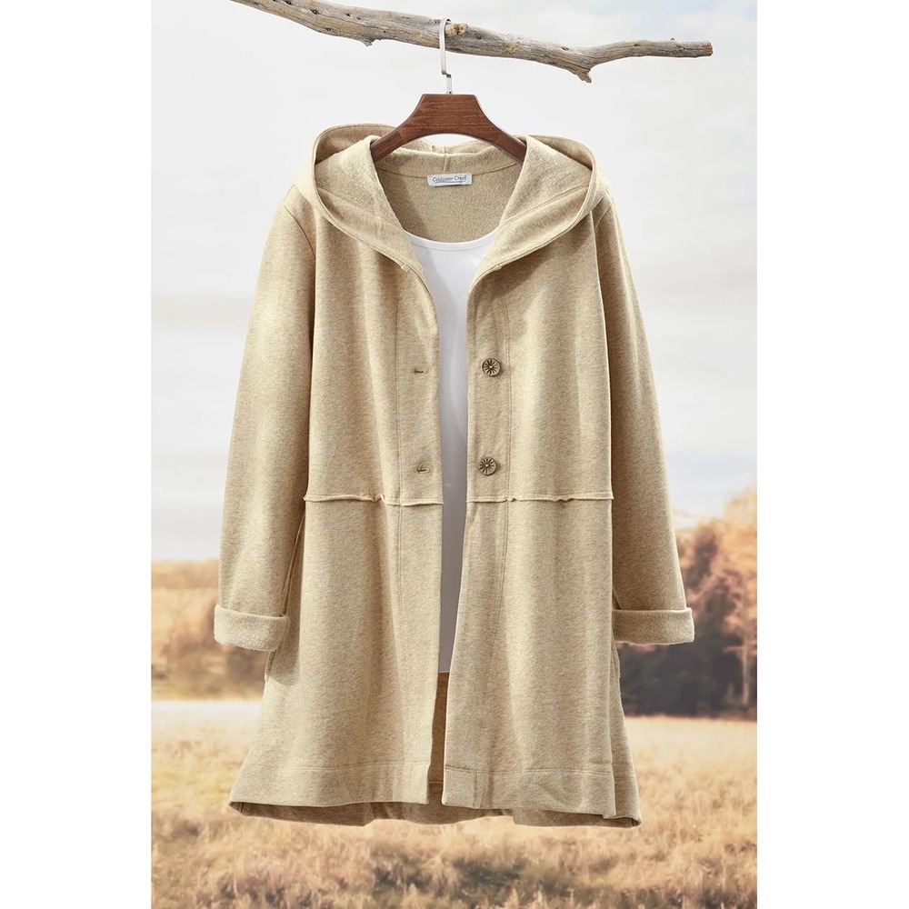 Coldwater Creek Tan Fleece Hooded Swing Cardigan Petite Small PS 6P-8P